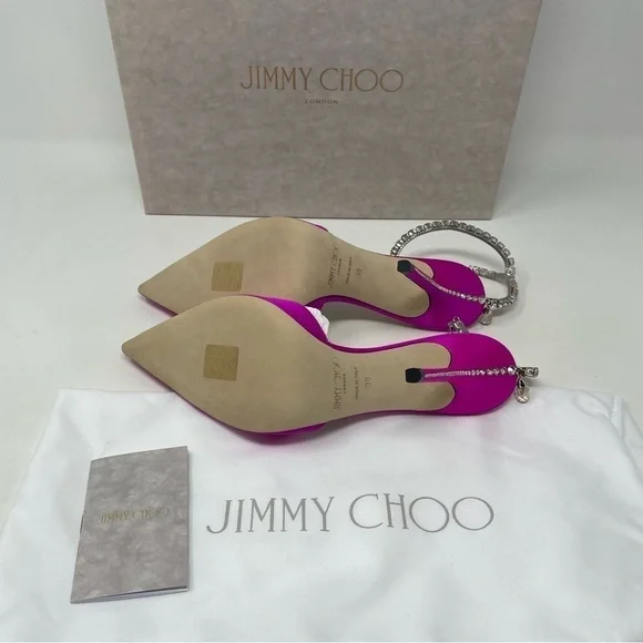 Jimmy Choo Saeda‎ 100mm Ankle Strap Pumps in Fuschia Satin with Crystal Chain - Picture 13 of 16